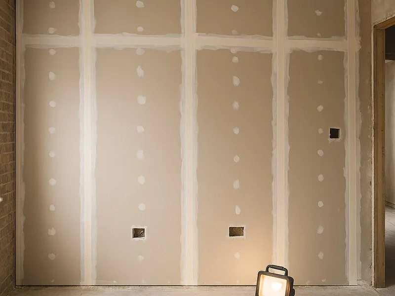 Plasterboard taped and jointed on a new stud wall in Leyton